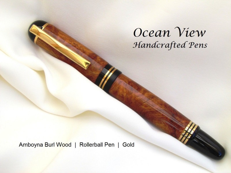 Handcrafted Amboyna Burl Wood Rollerball Pen in Gold