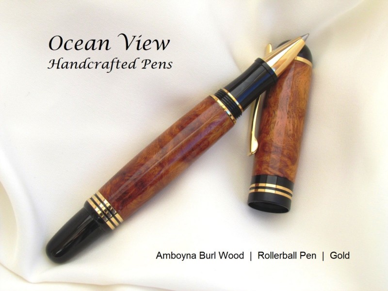 Handcrafted Amboyna Burl Wood Rollerball Pen in Gold