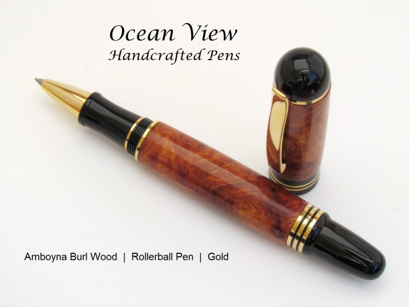 Handcrafted Amboyna Burl Wood Rollerball Pen in Gold