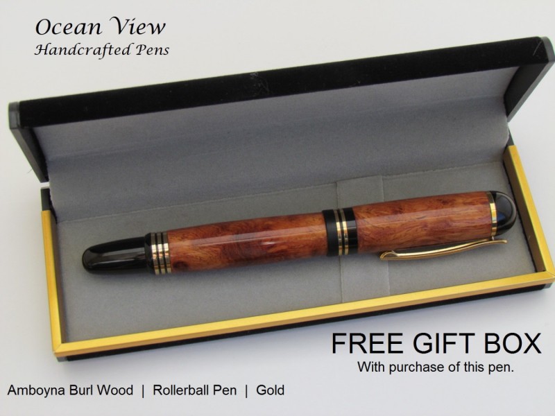 Handcrafted Amboyna Burl Wood Rollerball Pen in Gold