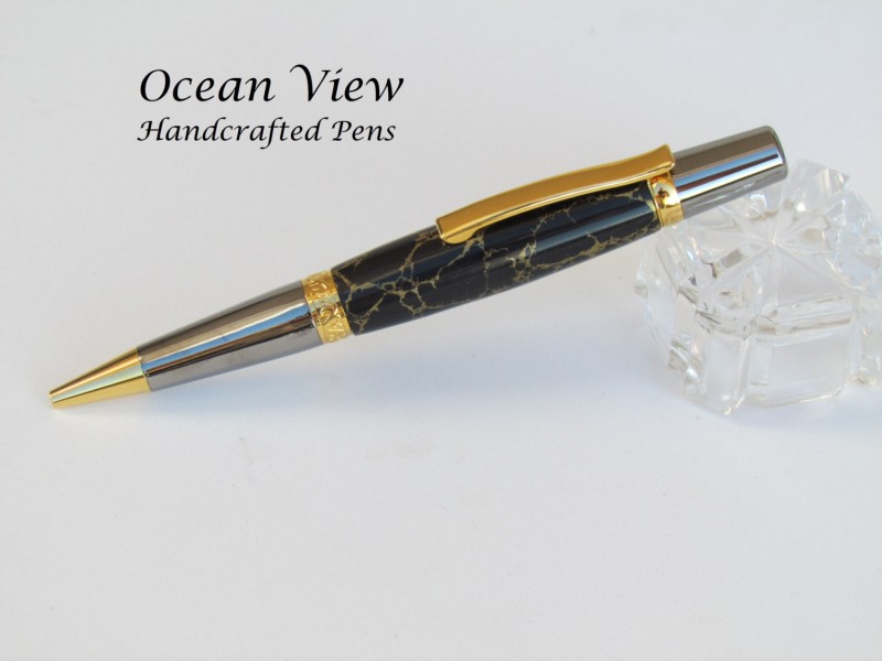 Handcrafted black and gold TruStone ballpoint Wall Street pen in gold/titanium
