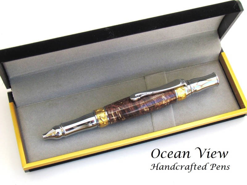 Handcrafted Box Elder Burl Wood Art Nouveau Sceptre Ballpoint Pen in Gold Titanium and Rhodium