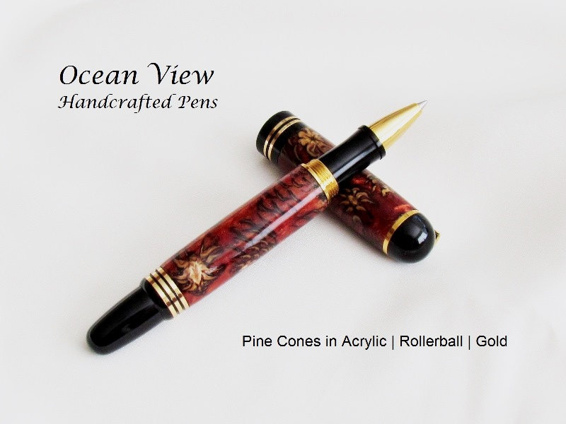 Handcrafted Churchill Rollerball Pen with Pine Cones in Red Acrylic