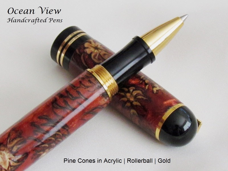 Handcrafted Churchill Rollerball Pen with Pine Cones in Red Acrylic