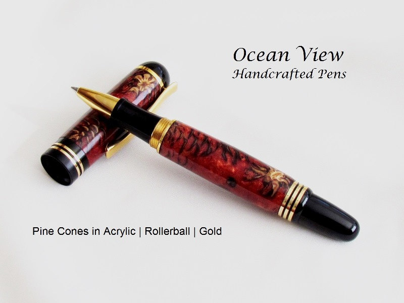 Handcrafted Churchill Rollerball Pen with Pine Cones in Red Acrylic