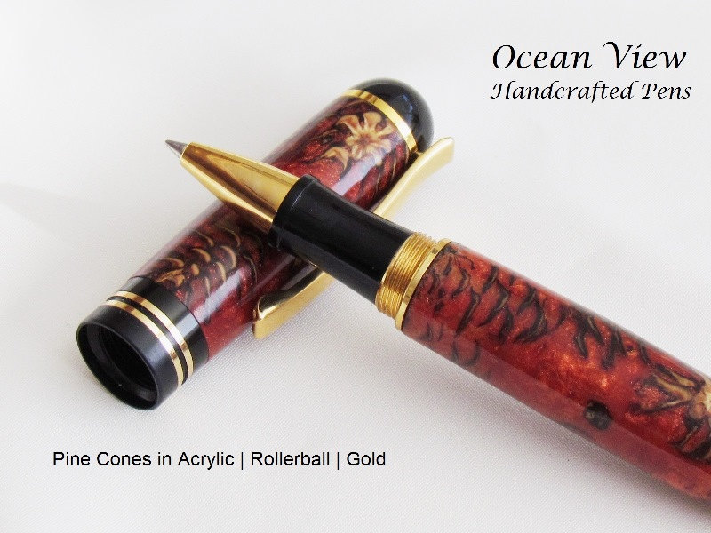 Handcrafted Churchill Rollerball Pen with Pine Cones in Red Acrylic