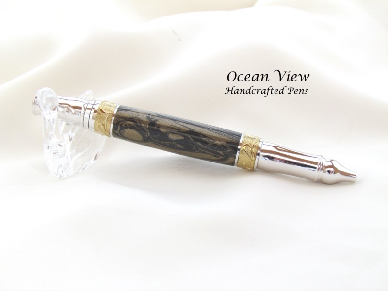 Handcrafted M3 Metal Art Nouveau Sceptre Ballpoint Pen in Gold Titanium and Rhodium