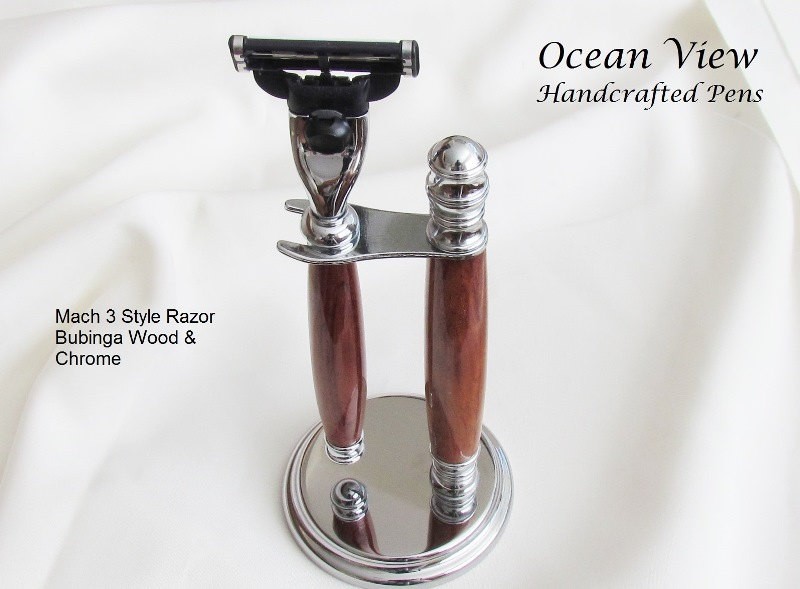 Handcrafted Mach 3 Razor and Stand in Bubinga Wood & Chrome