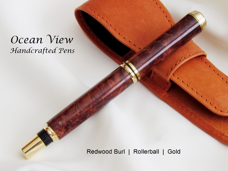 Handcrafted Redwood Burl Wood Navigator Rollerball Pen In Gold