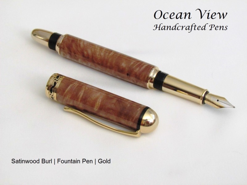 Handcrafted Satinwood Burl Round Top Rollerball/Fountain Pen in Gold