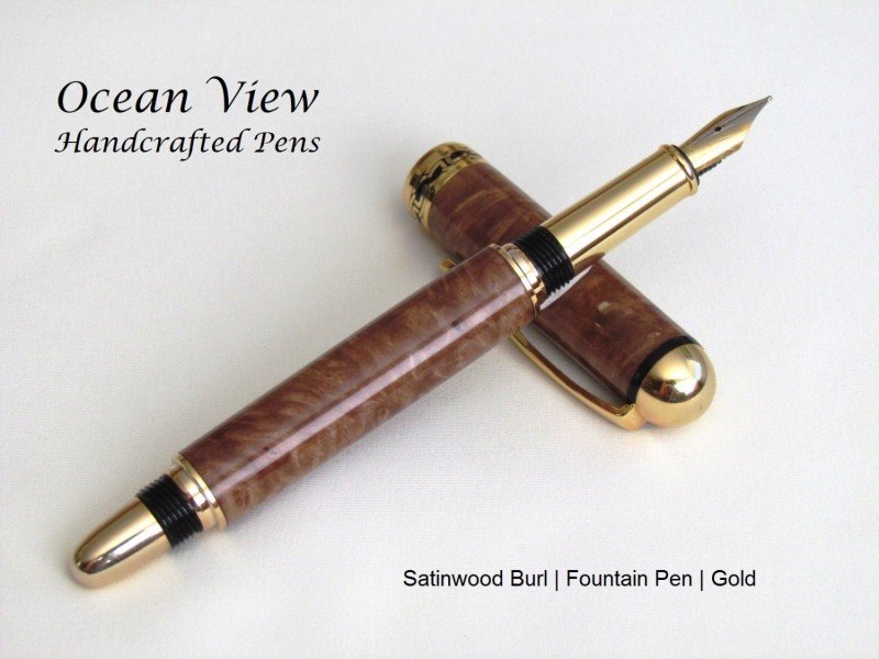 Handcrafted Satinwood Burl Round Top Rollerball/Fountain Pen in Gold