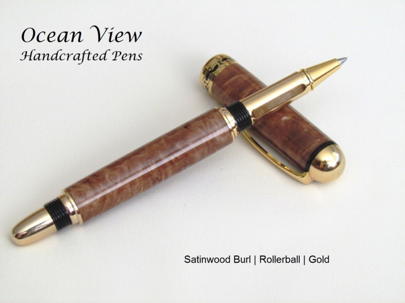 Handcrafted Satinwood Burl Round Top Rollerball/Fountain Pen in Gold