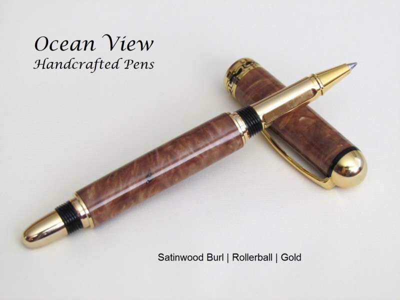 Handcrafted Satinwood Burl Round Top Rollerball/Fountain Pen in Gold