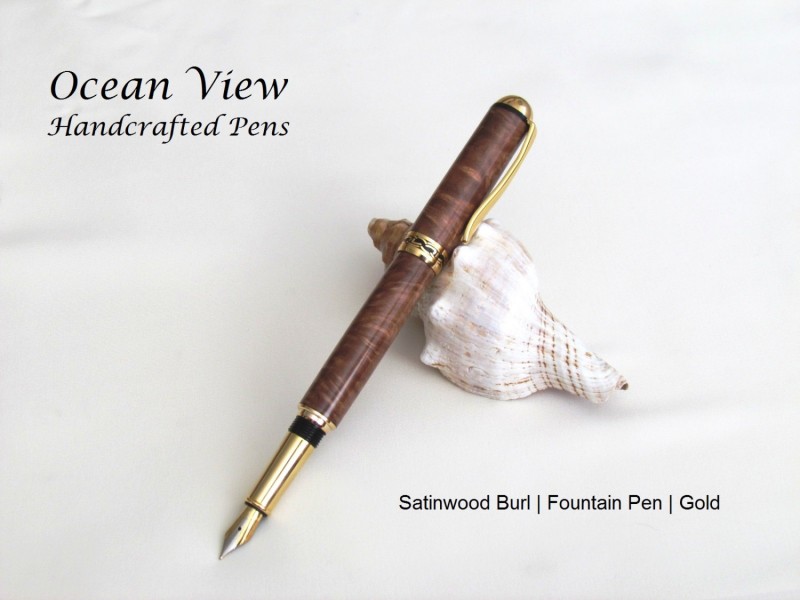 Handcrafted Satinwood Burl Round Top Rollerball/Fountain Pen in Gold