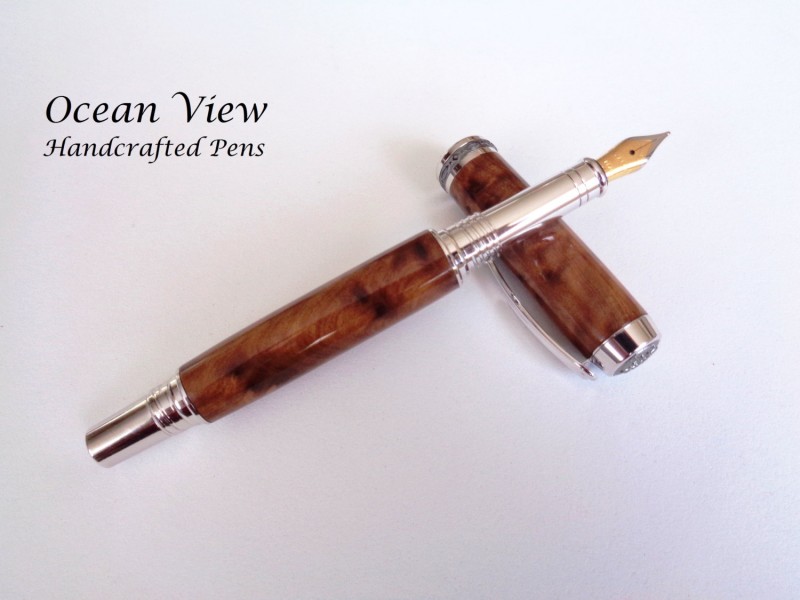 Handcrafted Thuya Burl Wood Jr Statesman II Fountain Pen in Rhodium and Black Titanium
