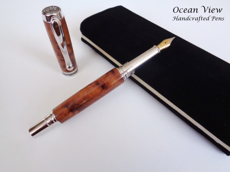 Handcrafted Thuya Burl Wood Jr Statesman II Fountain Pen in Rhodium and Black Titanium