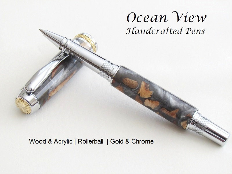 Handcrafted Wood and Acrylic Triton Rollerball/Fountain Pen in Chrome & Gold