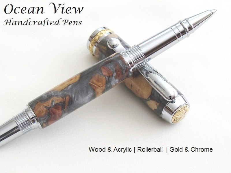 Handcrafted Wood and Acrylic Triton Rollerball/Fountain Pen in Chrome & Gold