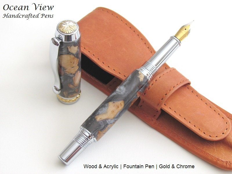 Handcrafted Wood and Acrylic Triton Rollerball/Fountain Pen in Chrome & Gold