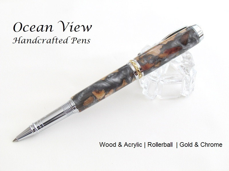 Handcrafted Wood and Acrylic Triton Rollerball/Fountain Pen in Chrome & Gold