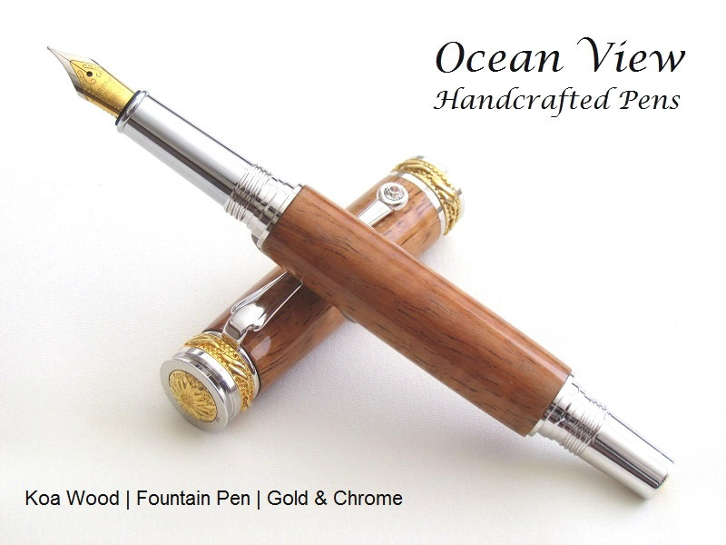 Handmade Curly Koa Wood Majestic Jr Rollerball or Fountain Pen in Gold and Rhodium with Swarovski Crystal