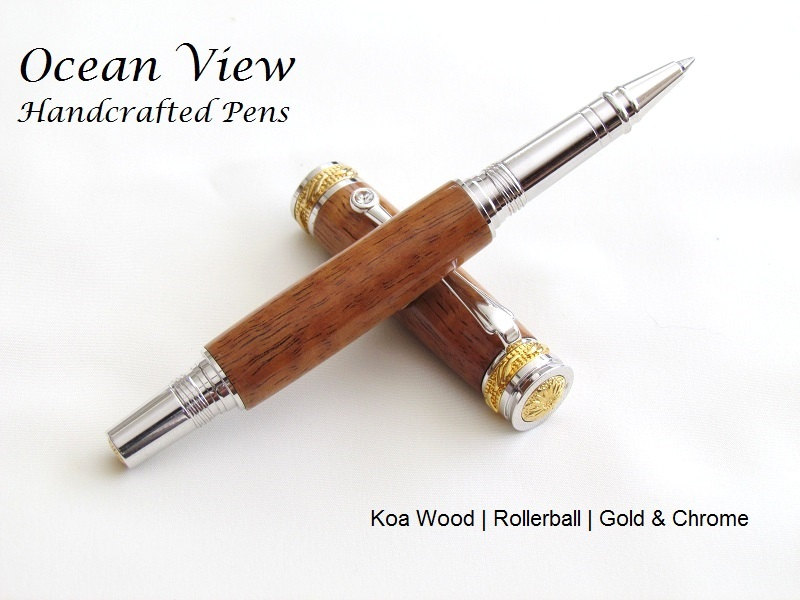 Handmade Curly Koa Wood Majestic Jr Rollerball or Fountain Pen in Gold and Rhodium with Swarovski Crystal