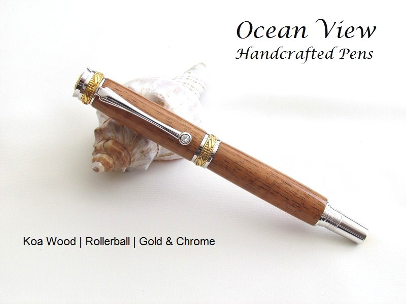 Handmade Curly Koa Wood Majestic Jr Rollerball or Fountain Pen in Gold and Rhodium with Swarovski Crystal