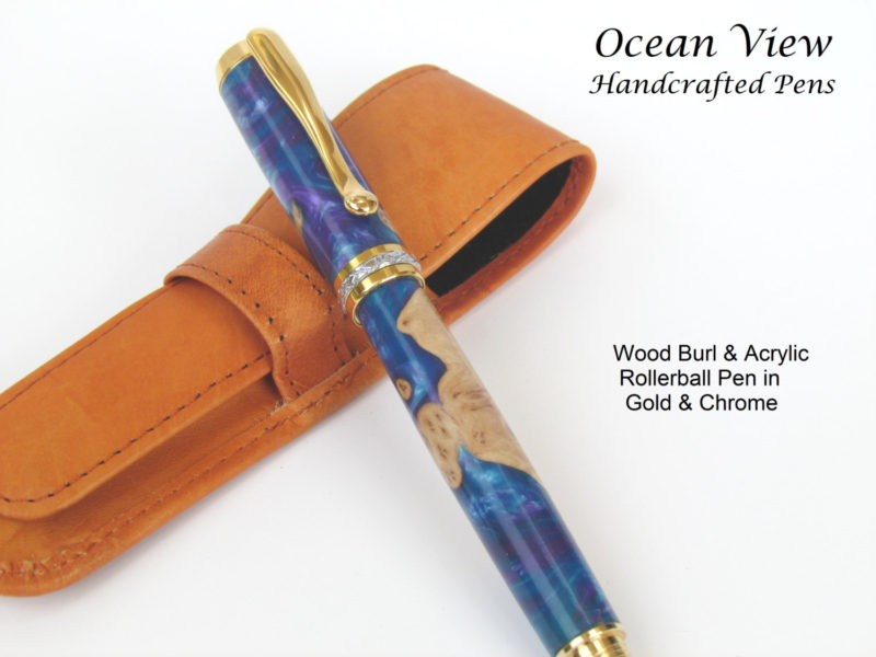 Handmade Hybird Wood Burl & Acrylic Triton Rollerball Pen in Gold and Chrome