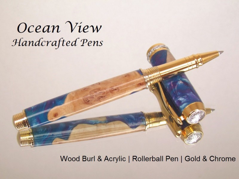 Handmade Hybird Wood Burl & Acrylic Triton Rollerball Pen in Gold and Chrome