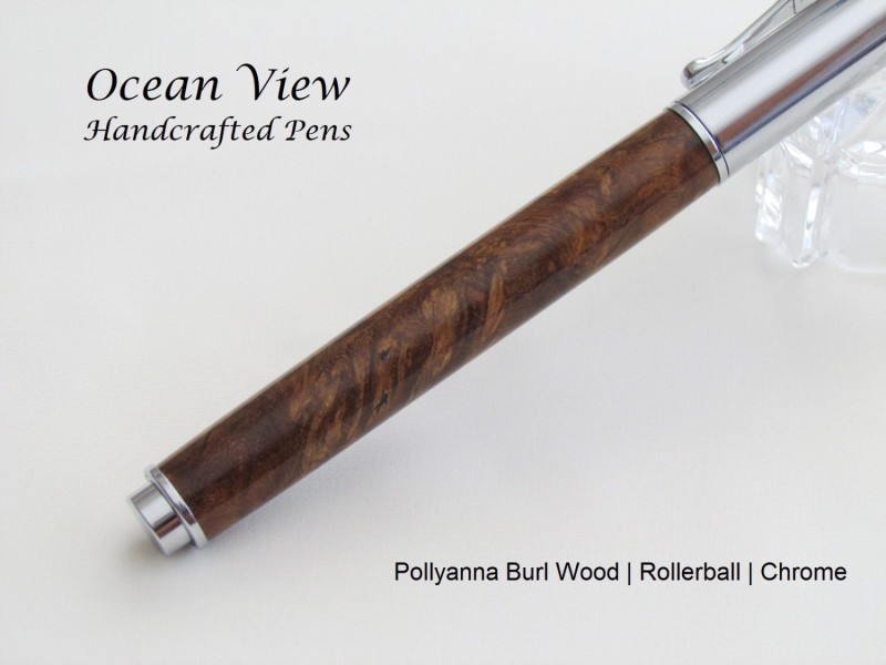 Handmade Magnetic Zen Rollerball Pen in Pollyanna Burl Wood and Chrome