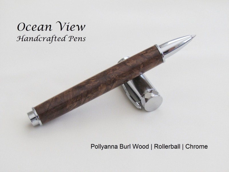 Handmade Magnetic Zen Rollerball Pen in Pollyanna Burl Wood and Chrome