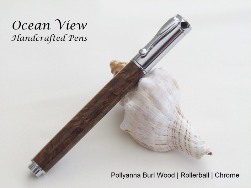 Handmade Magnetic Zen Rollerball Pen in Pollyanna Burl Wood and Chrome