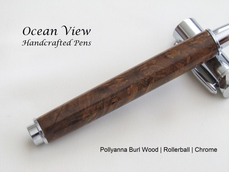 Handmade Magnetic Zen Rollerball Pen in Pollyanna Burl Wood and Chrome
