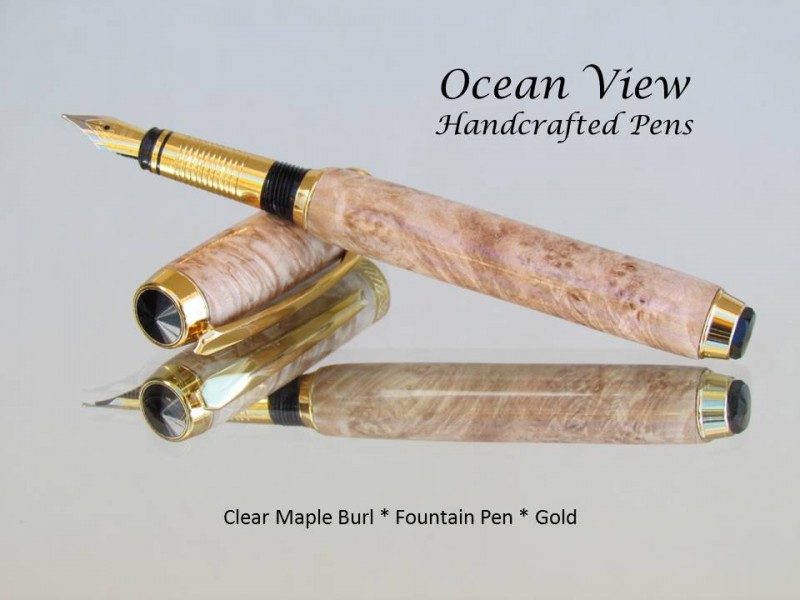 Handmade Maple Burl Wood Fountain Pen in Gold