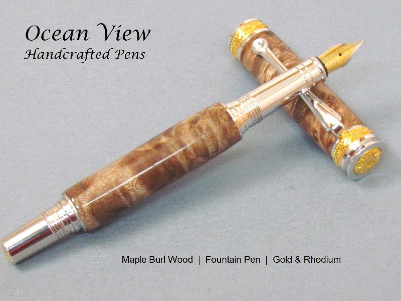 Handmade Maple Burl Wood Majestic Jr Fountain Pen in Gold and Rhodium with Swarovski Crystal