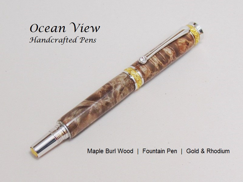 Handmade Maple Burl Wood Majestic Jr Fountain Pen in Gold and Rhodium with Swarovski Crystal