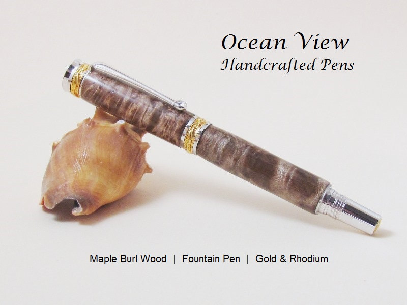 Handmade Maple Burl Wood Majestic Jr Fountain Pen in Gold and Rhodium with Swarovski Crystal