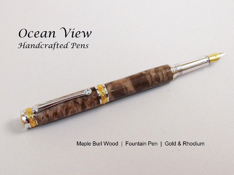 Handmade Maple Burl Wood Majestic Jr Fountain Pen in Gold and Rhodium with Swarovski Crystal