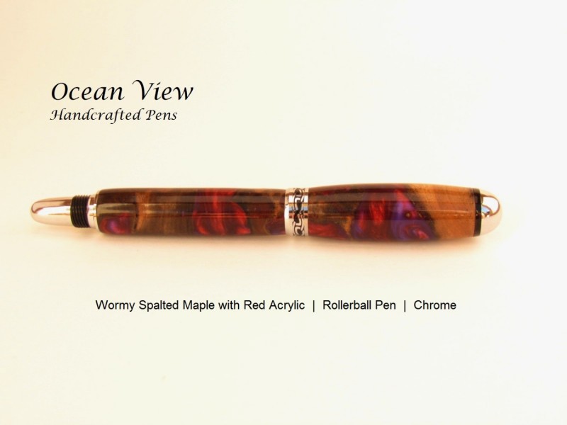 Handmade Wormy Spalted Maple with Red Acrylic Rollerball Pen in Chrome
