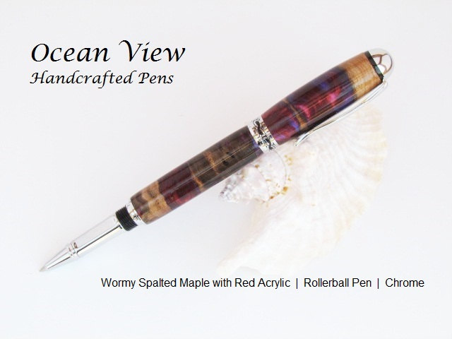Handmade Wormy Spalted Maple with Red Acrylic Rollerball Pen in Chrome