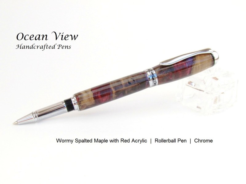 Handmade Wormy Spalted Maple with Red Acrylic Rollerball Pen in Chrome