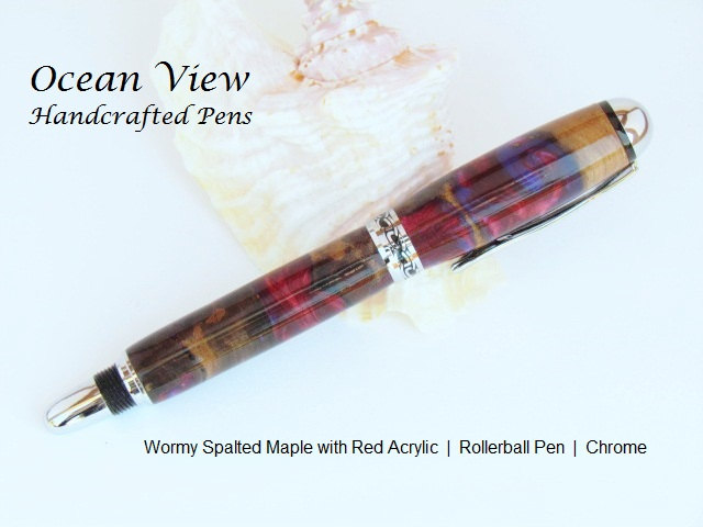 Handmade Wormy Spalted Maple with Red Acrylic Rollerball Pen in Chrome